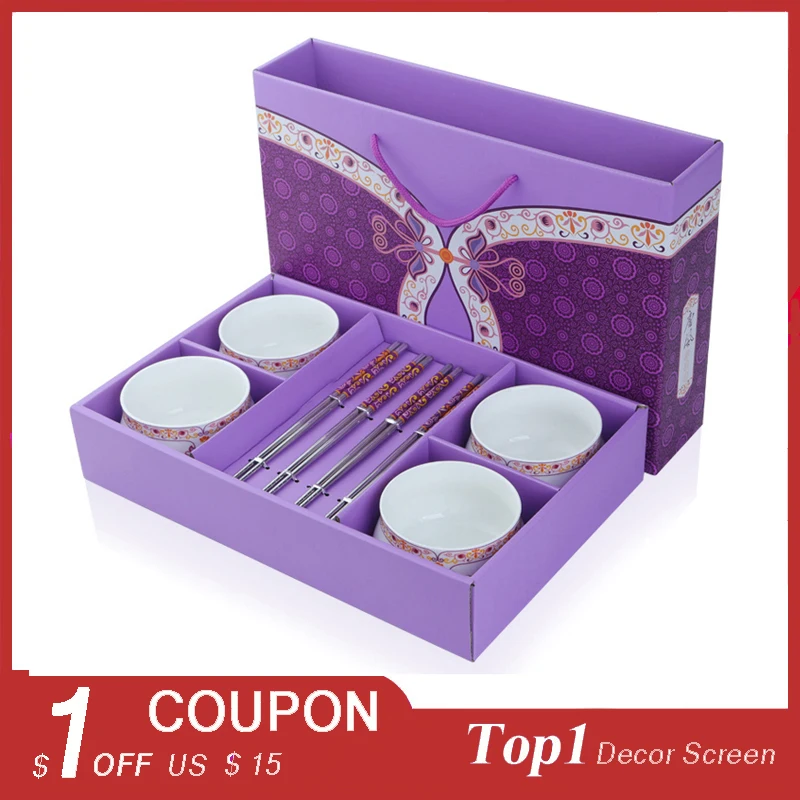 

Kitchen Tools Western Vintage Purple Tableware Sets Bowls Chopstick Ice Cream Spoon Sets Cutlery For Travel Office Home