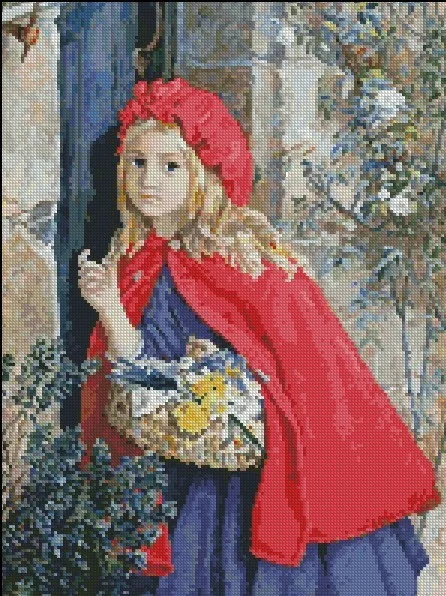 

Higher Cotton Counted Cross Stitch Kit Red Riding Hood Little Girl Maid with Red Cloak Knock at the Door Guest