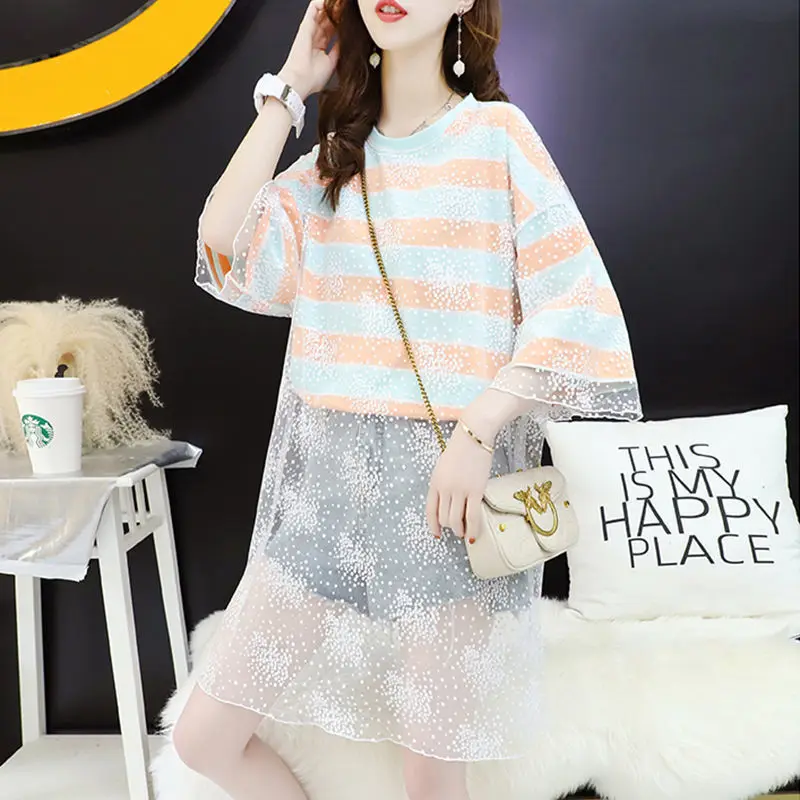 

2021 Summer New Women Korean Fashion Loose Sweet Striped Polka Dot Fake Two-piece Mesh T-shirts O-neck Short-sleeved Tops Y715