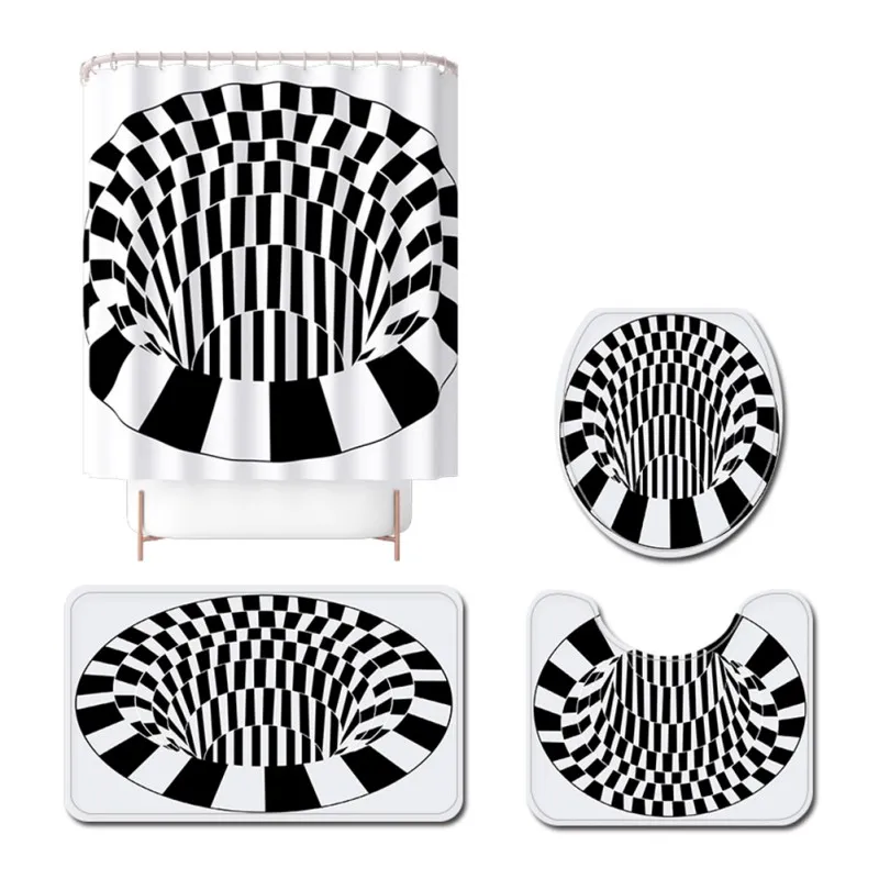 

4PCS Set Shower Curtains Bath Curtain Polyester Creative Plaid Waterproof Bathroom Curtain Mat Toilet Cover Mat 3D Non-Slip Mats