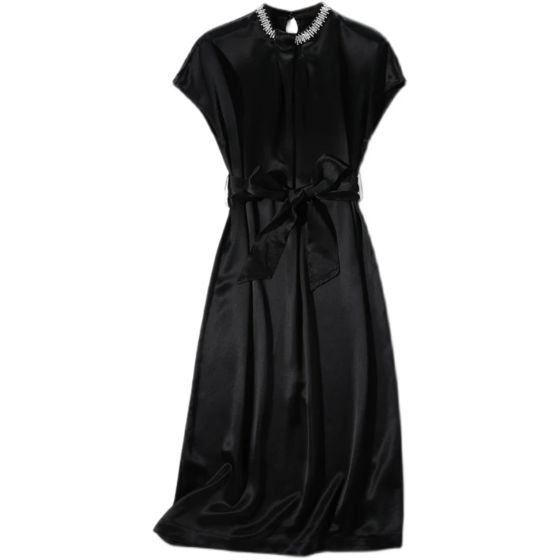 

Summer Fashion Black Mulberry Silk Satin Dress 2021 Women Vintage Solid S-3XL Plus Size Midi Dress Elegant Party Vestidos