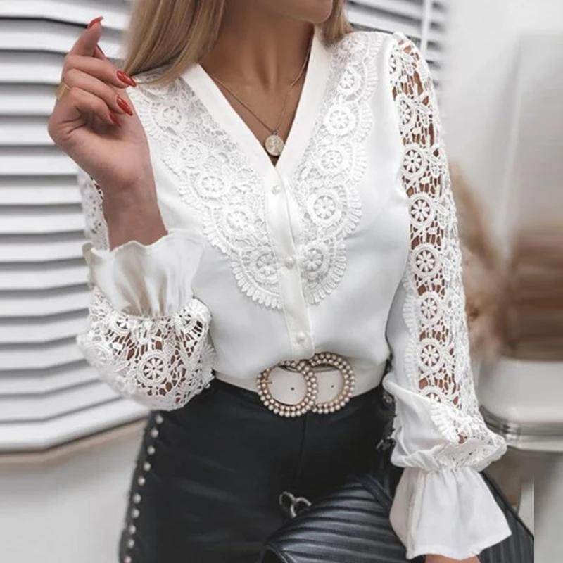 

New Spring Women Long Sleeve Hollow Out Blusa Tops Stand Collar Button Blouse Embroidery Flower Lace Shirt Elegant Office Lady