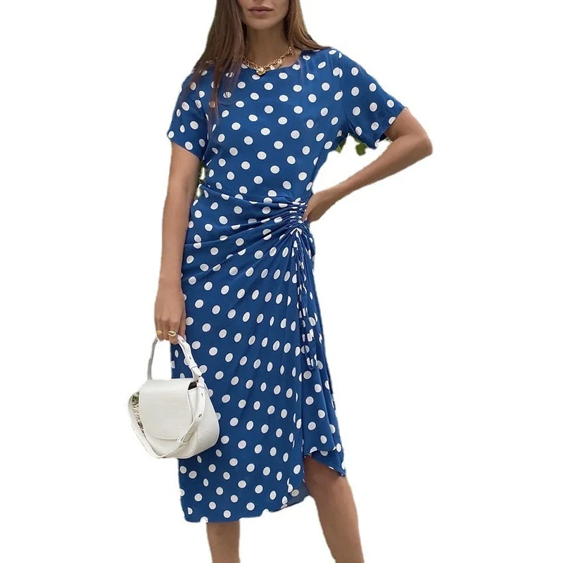 

2021 New Elegant Polka Dot Short-sleeved Dress Female Summer Drawstring Stitching Temperament Slim Mid-length Skirt A-line