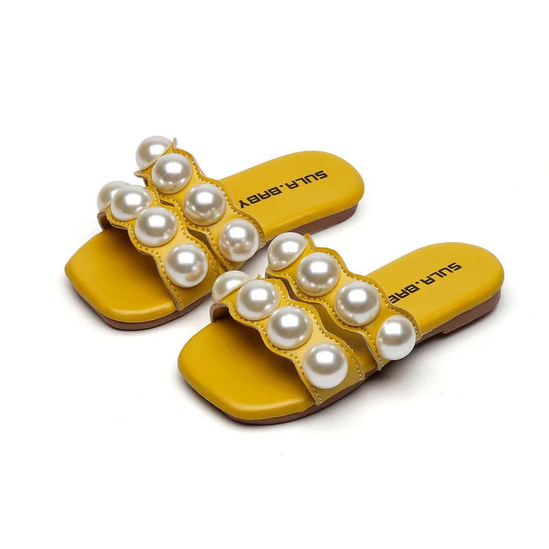 

2021 Summer Kids Girl Shoes Slippers Slip-On Solid String Bead Fashion Sweet Flat Heels Non-slip Beach Pearls Sandals