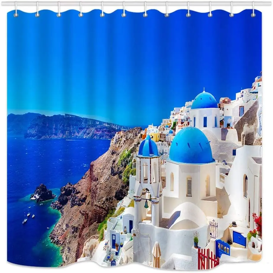 

Bathroom Decorative, Greek Scenery Santorini White Stone Palace European City Seaside Landscape, Waterproof Polyester Fabric Sho