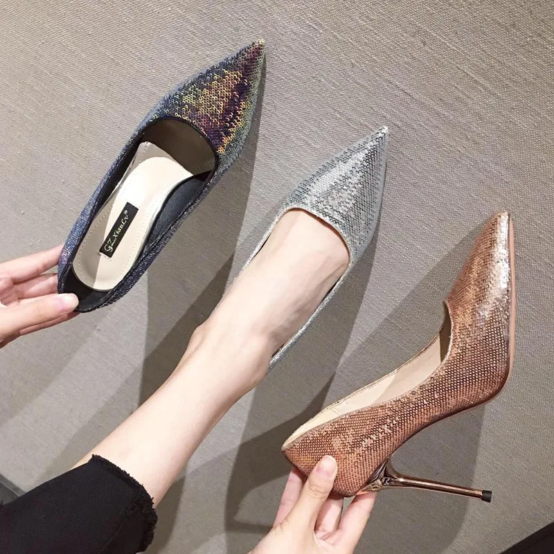 

Sequined high heels female sense 2020 new fashion pointed shallow mouth single shoes