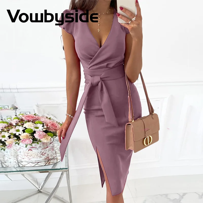 

V-neck Bubble Sleeve Tight Waist Bodycon Dress Women Elegant Summer Work Dress