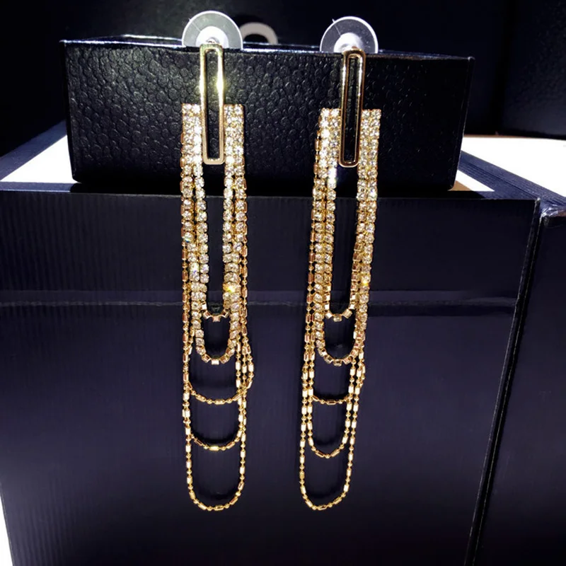 

2020 New Long Crystal Tassel Gold Color Dangle Earrings for Women Wedding Drop Earing Fashion Jewelry Gifts