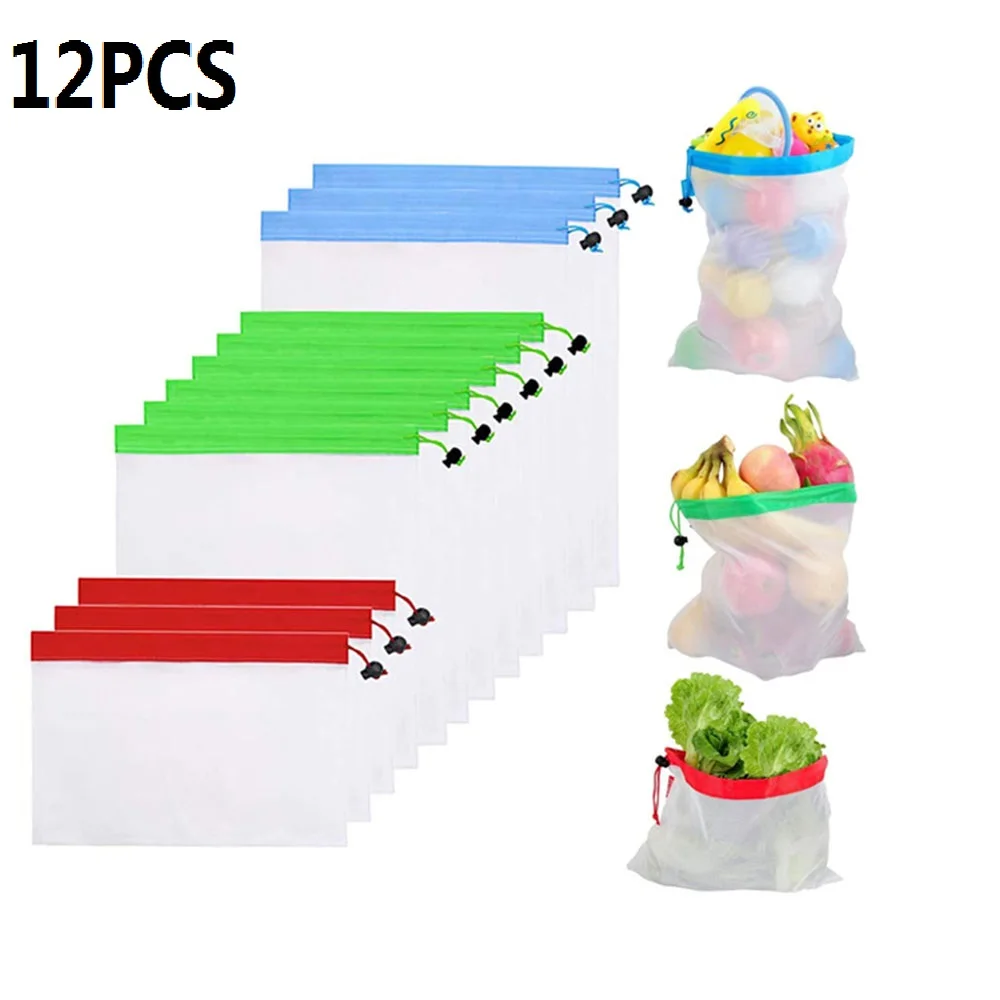 

12PCS Portable Reusable Grocery Bags Fruit Vegetable Toys Sundries Bag Washable Mesh Organic Handbag Net Tote