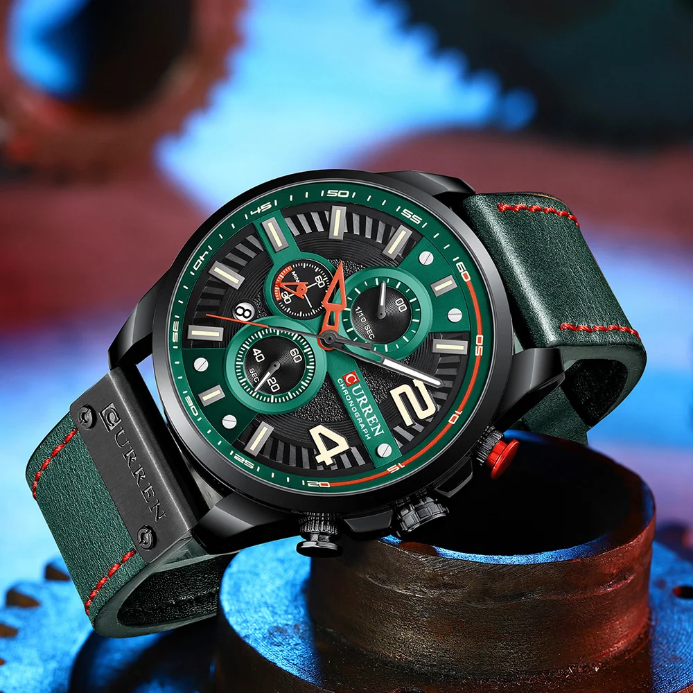 CURREN новые мужские часы с хронографом кожаные Наручные Модные Зеленые