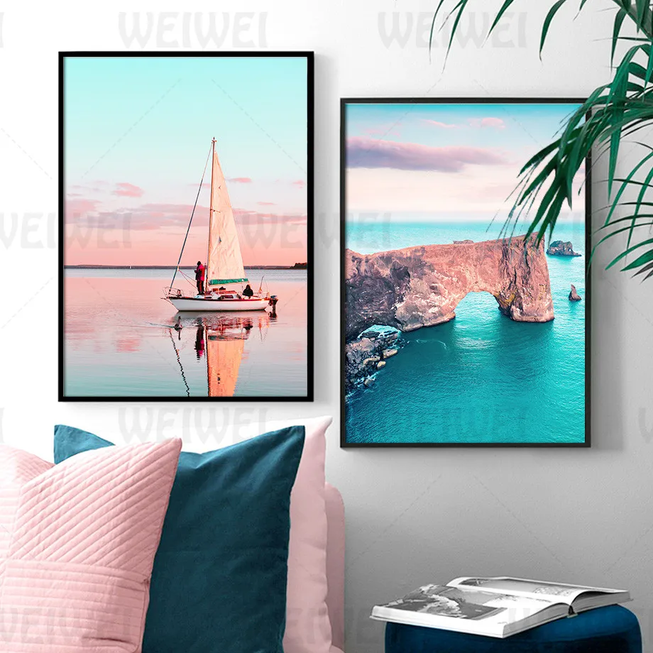 

Beautiful Seascape Poster Landscape Canvas Painting Sailboat Water Reflection Posters and Prints Cliff Reef Wall Picture Art