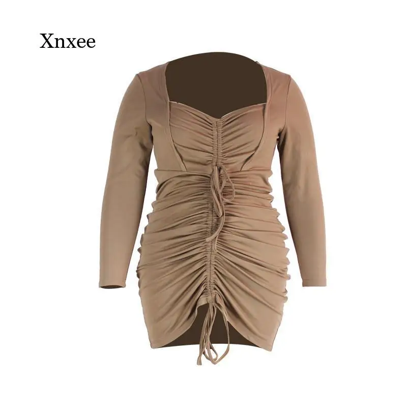 

Plus Size Women's Dress Skinny Stretch Full Sleeve Square Neck Empire Mini Dress 2021 Spring Office Ladies Streetwear