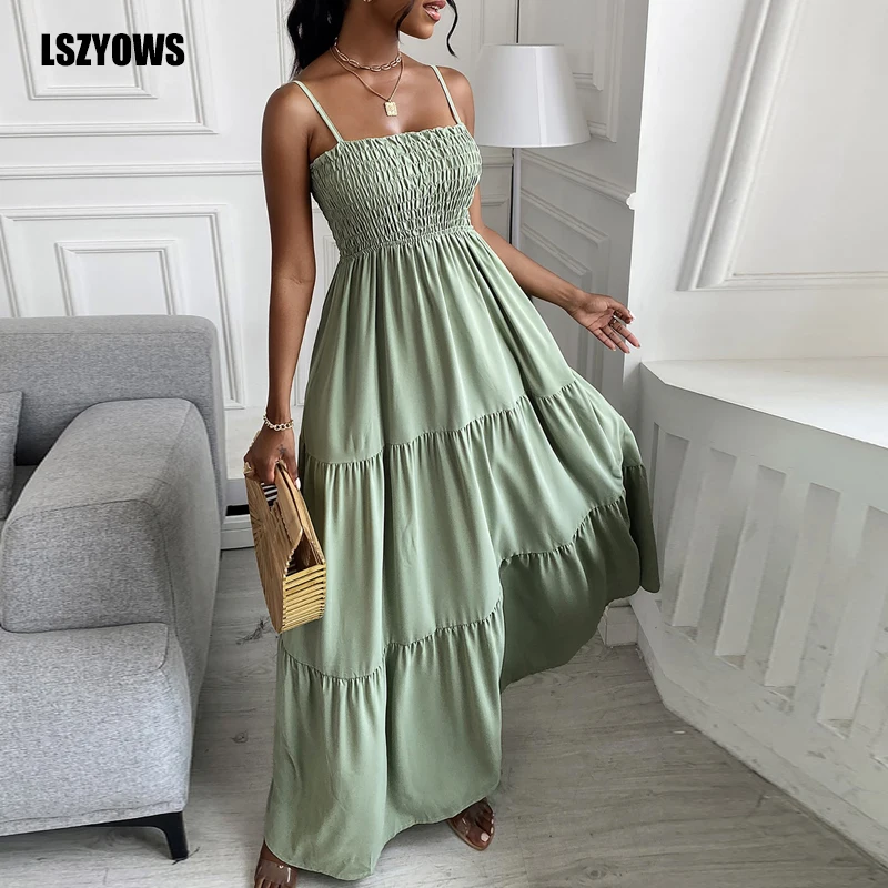 

Women Sexy Spaghetti Strap Solid Pleated Long Dress Casual Sleeveless Beach Summer Sundress Bohemian Party Maxi Dresses Vestidos