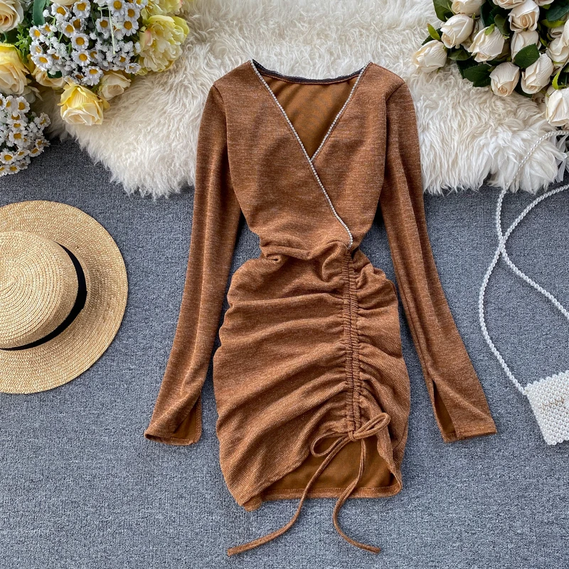 2020 Новая мода женская одежда платье осень и зима v образным вырезом выше колена