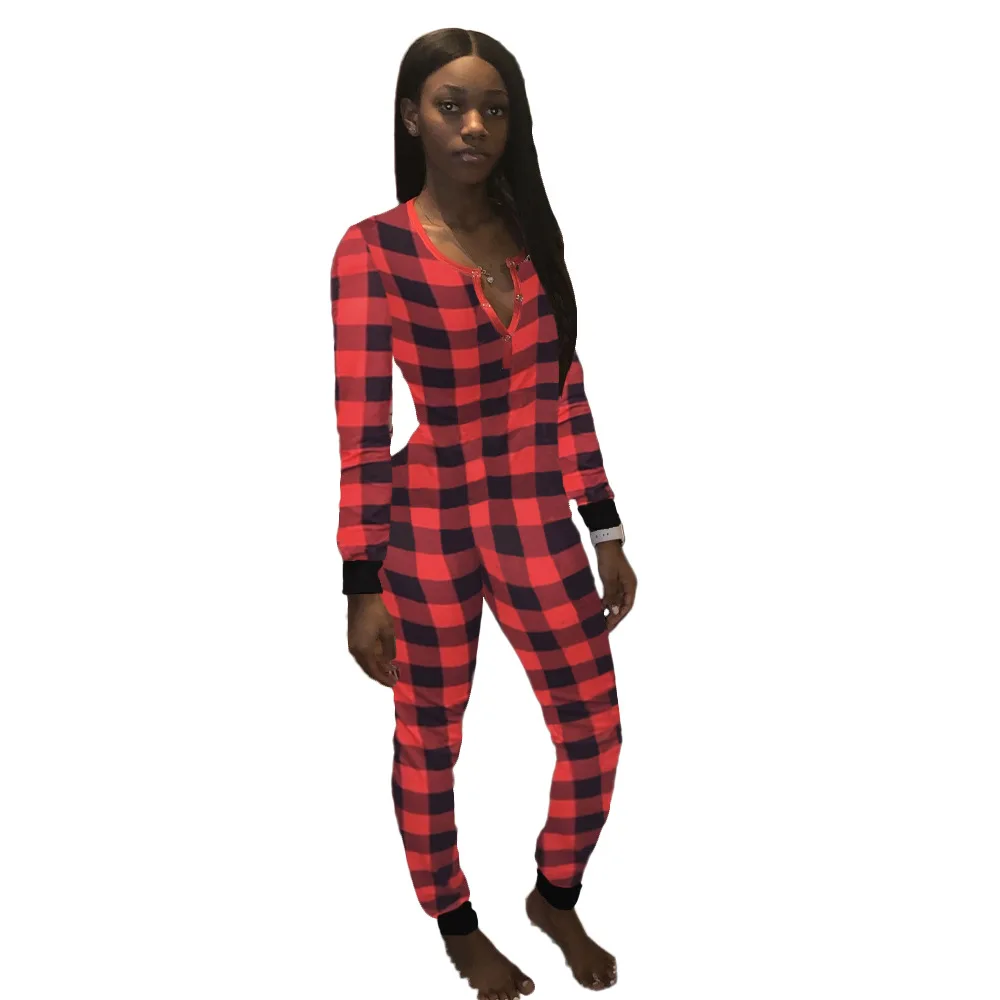 

42H1587 Autumn Winter Women Casual Fashion Plaid Print Sexy Skinny Jumpsuit Playsuit Rompers Plus Size Hot 2020