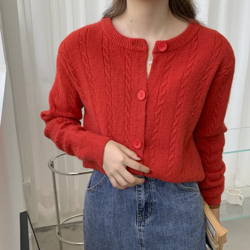 

BEAUTANA Cardigan Sweater 2021 Autumn Solid Twist Striped O Neck Women Loose Knit Crochet Coat Top Korea Aesthetic Jersey Jacket