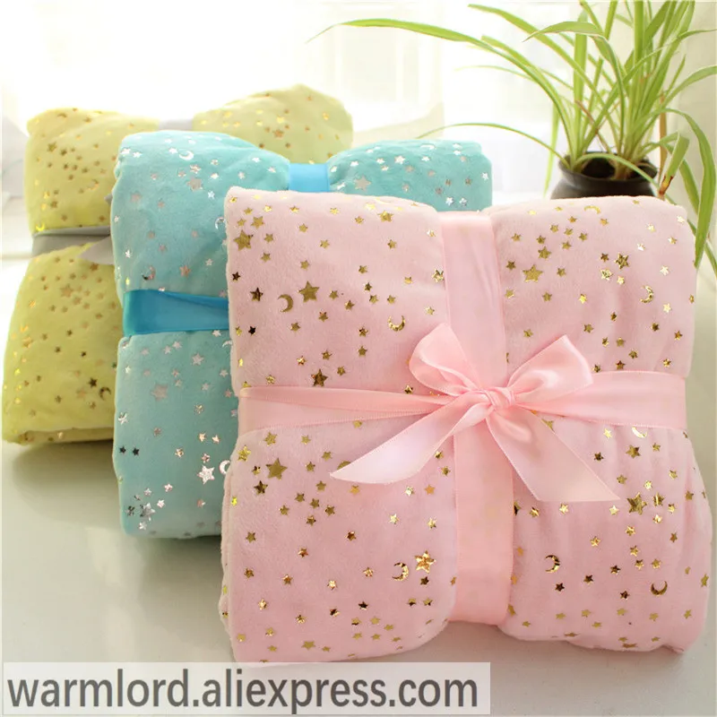 2 layers Plushed Dot Coral Fleece Bronzing Golden Stars Moon Blue Starry Toddler Quilt Girl Baby Blanket Infant Crib Beddings