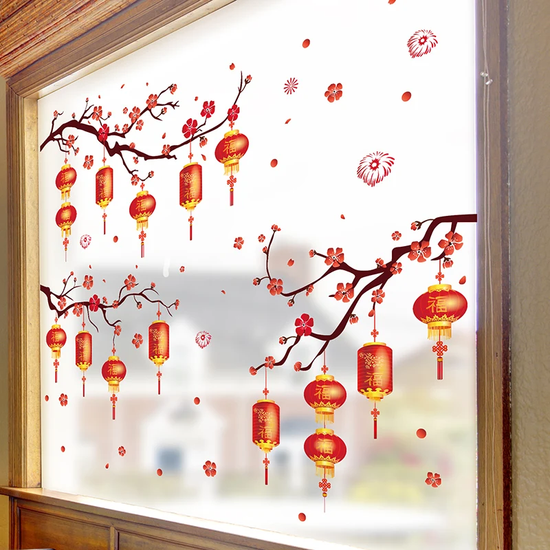 

Китайские праздничные фонари, настенные наклейки «сделай сам», цветы сливы, роспись, наклейки для гостиной, спальни, стекло