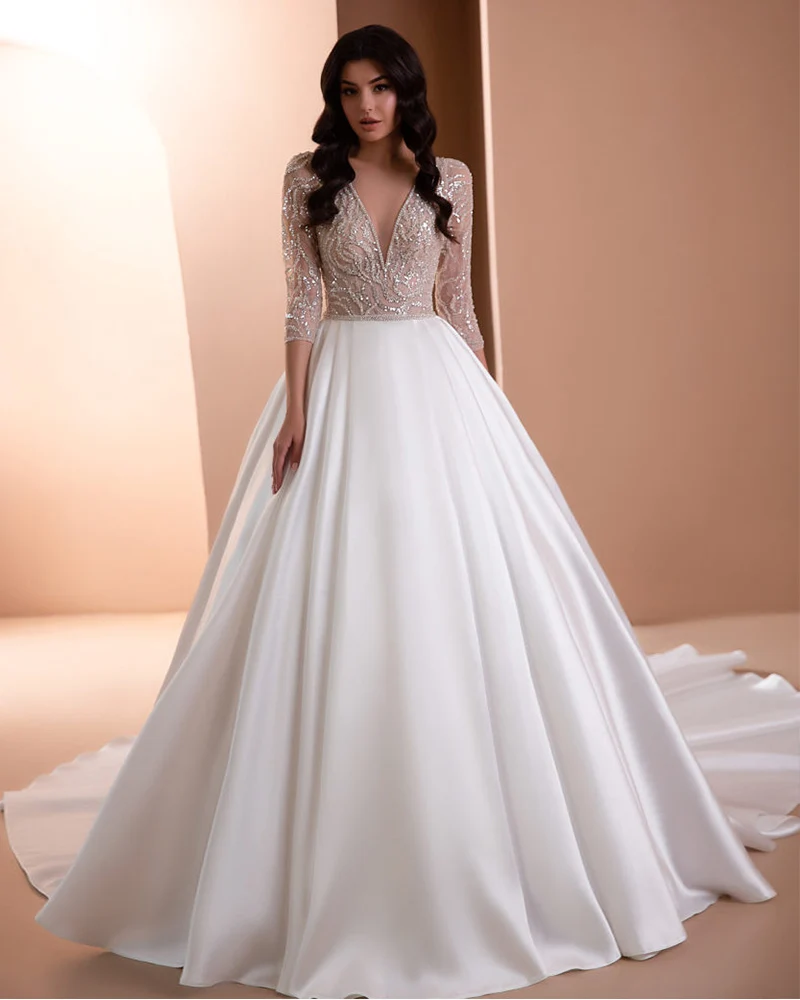 

Robe De Mariage Satin A-Line Wedding Dress Sequined Beading Bodice Hochzeitskleid Three Quarter Sleeve Luxury Suknia Slubna