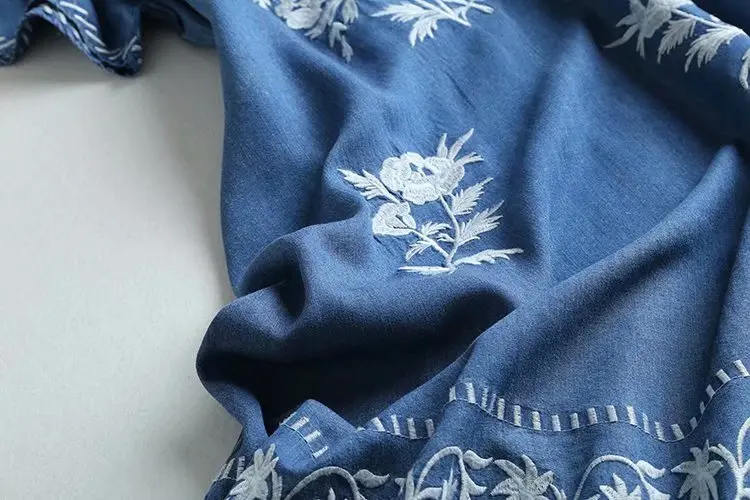 Летнее джинсовое платье с вышивкой женские мягкие джинсовые платья круглым