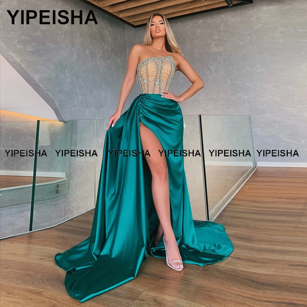 

Yipeisha Luxury Crystals Mermaid Evening Dress Strapless High Slit Prom Gown Floor Length Satin Party Dress Formal Robe de Bal