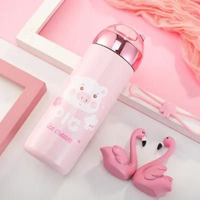A Pig 330ml Boxi Милая термобутылка из нержавеющей стали для девочек, портативная объемная кружка с блестками из мультфильма с веревкой, открытый спортивный термос, кружка 300 мл - Color: A Pig 330ml