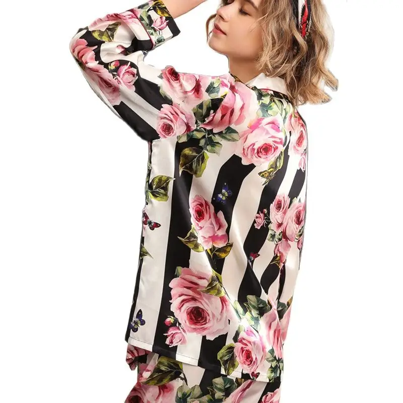 Real Silk Pajama Sets Female Romantic Rose Striped Silkworm Silk Long-Sleeve Two-Piece SILK Woman's Sleepwear T8184