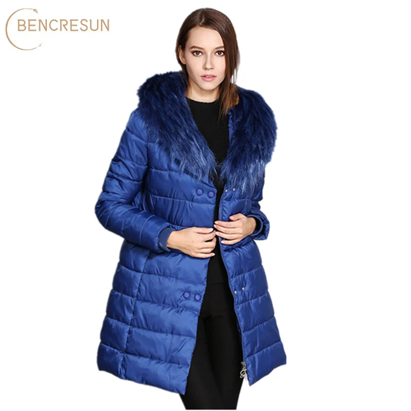 Winter Elegant Blue Jacket Women Parka Long Coat Fashion Big Fur Collar Button Pocket Warm Coats Long Sleeve Female Outerwear