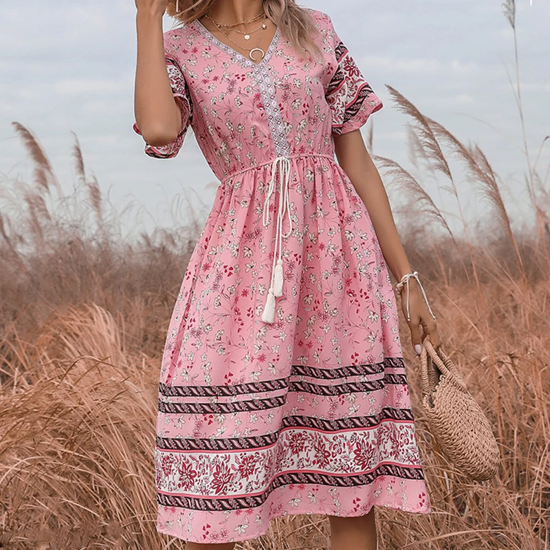 

Traf pink floral frenulum slim short sleeve V-neck dress 2022 summer new bohemian style elegant long skirt