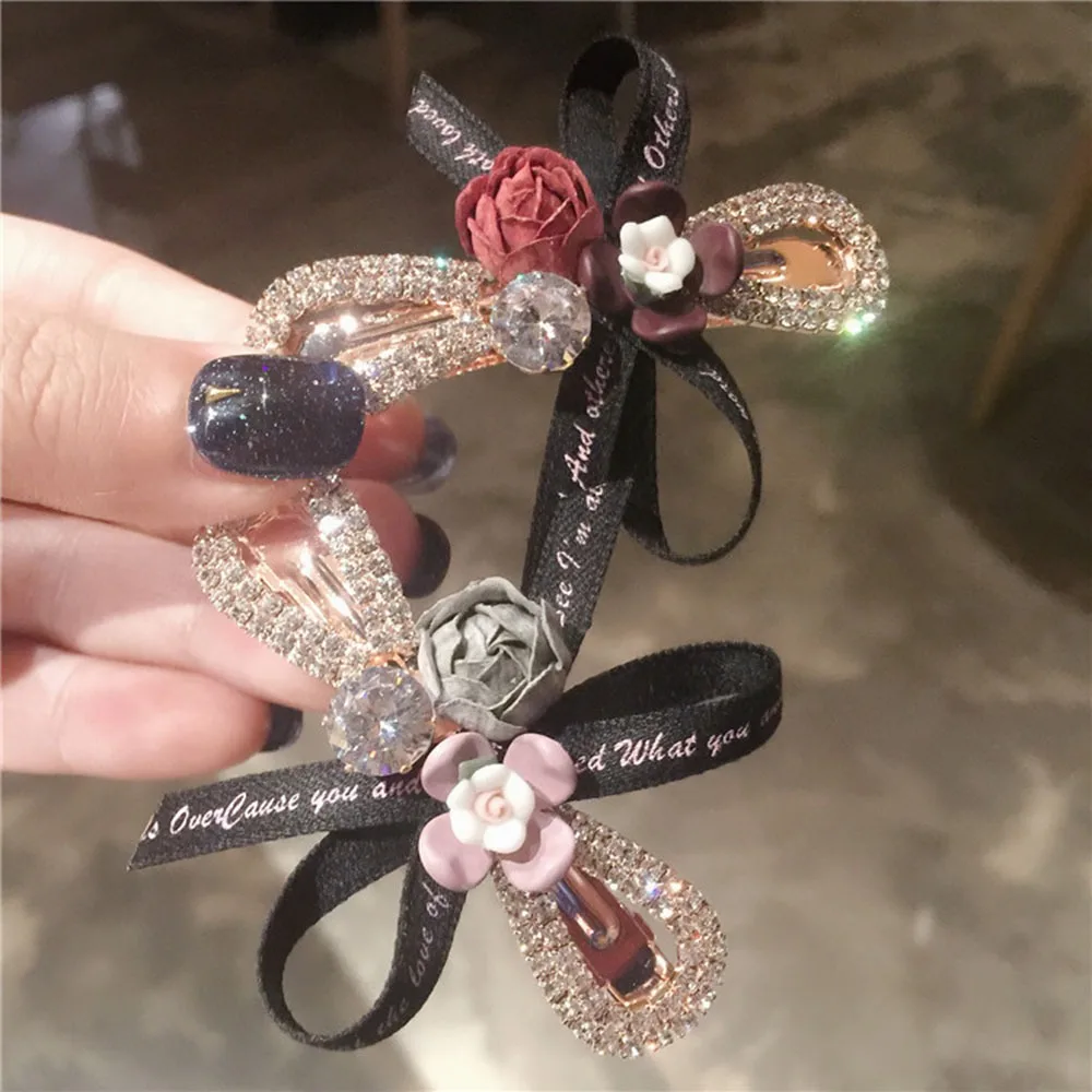 Корейский Модный цветочный зажим для волос со стразами и бантом блестящие стразы