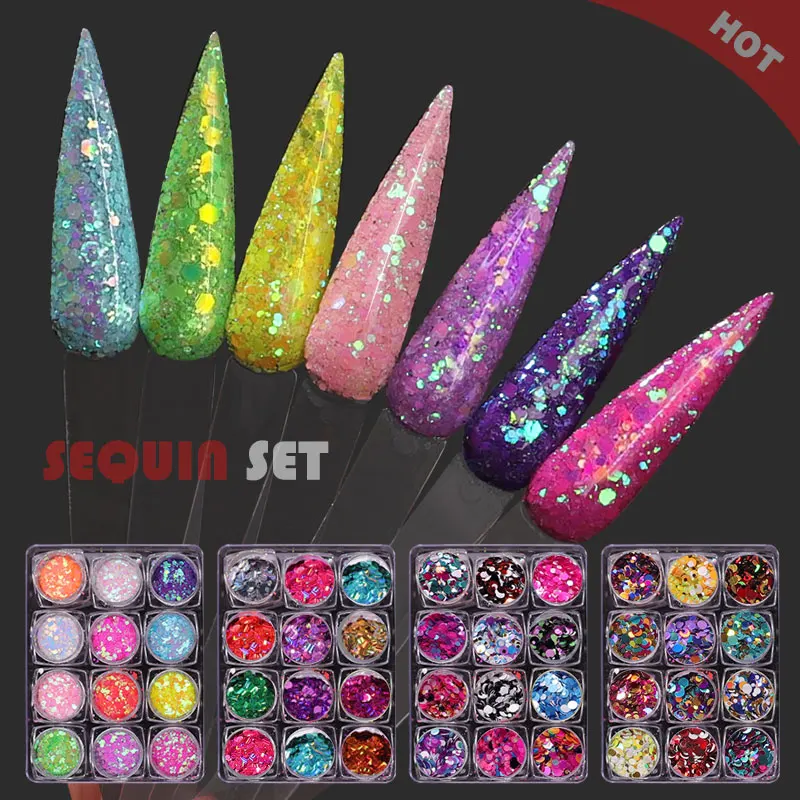 

Nail Art Sequins Set 12 Boxes Holographic Laser Colorful Round Ultrathin Glitter Nail Flakes Slices Shining Manicure Decorations