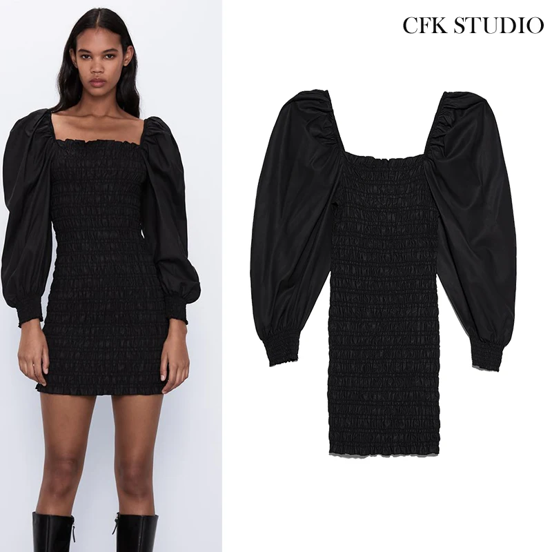 Женское платье с вырезом-лодочкой Za однотонное тонкое хлопковое пышными