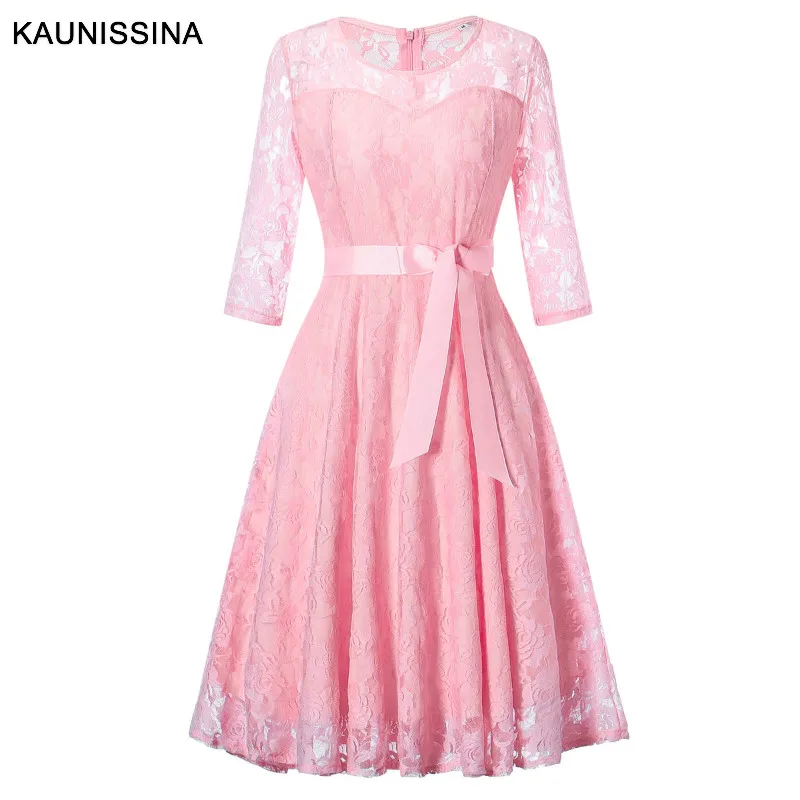 Pink KAUNISSINA, элегантное кружевное коктейльное платье, рукав 3/4, открытое женское платье, халаты, коктейльное платье, платья для выпускного вечера - Цвет: Pink