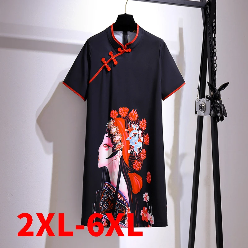 

Женское летнее свободное мини-платье в китайском стиле с коротким рукавом и принтом, большие размеры 2XL-6XL