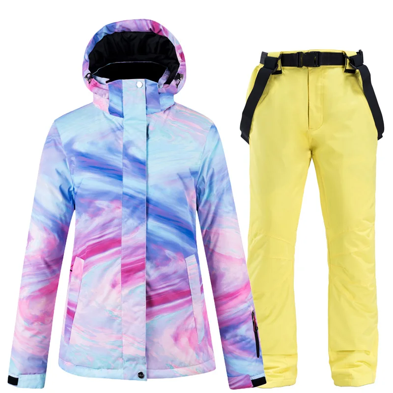 Jacket Yellow pants Красочный Зимний костюм Женская лыжная куртка+ зимние комбинезоны брюки зимние водонепроницаемые утепленные костюмы женский комплект для сноуборда - Цвет: Jacket Yellow pants