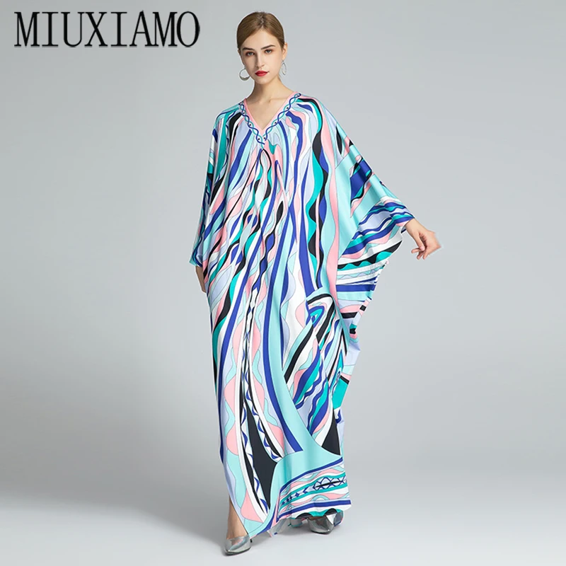 

Женское богемное платье MIUXIMAO, макси-платье до пола из эластичного шелка с V-образным вырезом, рукавом летучая мышь, 2021