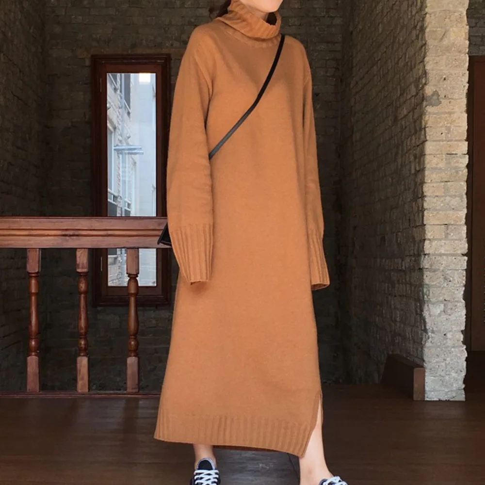 Женское трикотажное платье свитер с высоким воротником корейский Повседневный