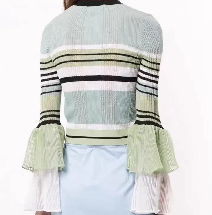 

Sweater Early Women Autumn Thin Knit Round Neck Mint Green Contrast Striped Double Layer Elegant Flare Sleeve Knit Top