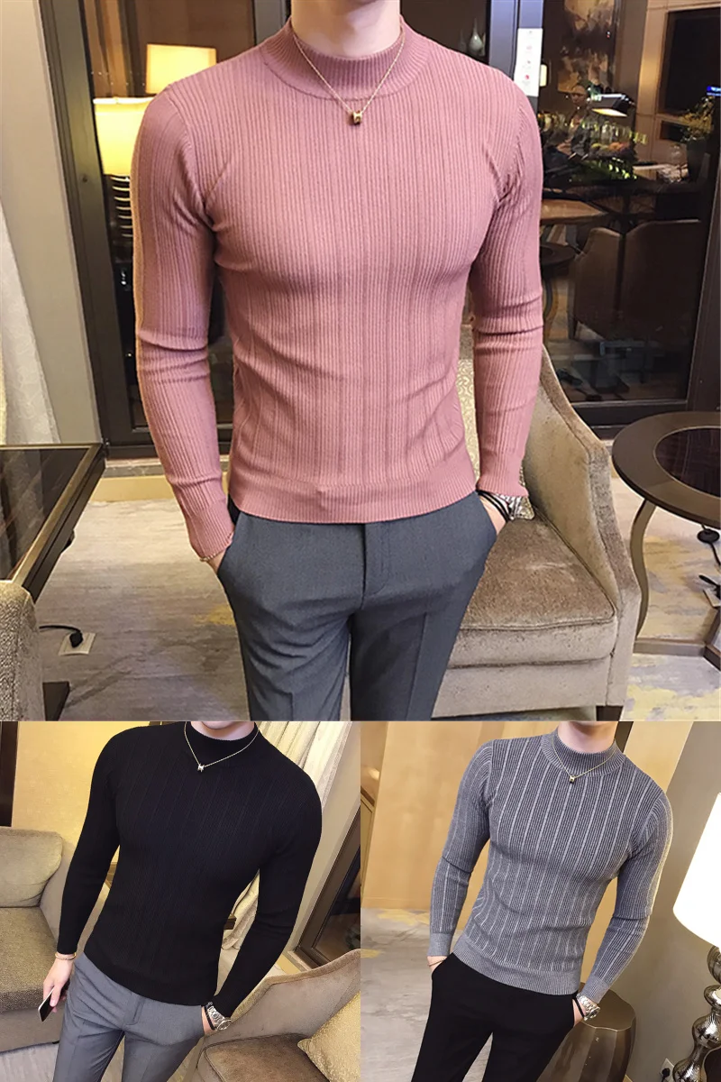 

Autumn and winter new half-high collar striped sweater men's sweater pullover stickers slim youth bottoming wool clothes
