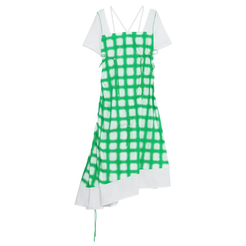

XITAO Plaid Dress Fashion New Women Irregular Ruffle Hem Patchwork Small Fresh 2021 Summer Elegant Loose Dress LDD1785