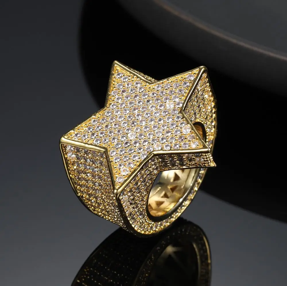 

Men Five Star Ring Copper Charm Gold Color Full Iced Out Bling Zircon Ring Fashion Hip Hop Rock Jewelry Ring Gifts