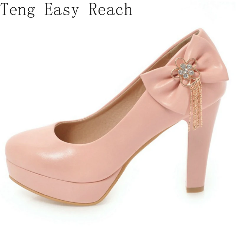 

Женские туфли-лодочки; Модные классические туфли на высоком каблуке с милым бантом; Цвет белый, розовый; Свадебные модельные туфли на платфо...