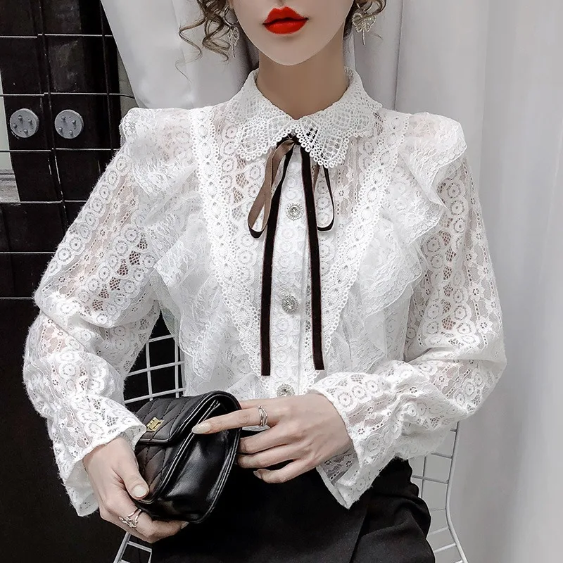 

Lace White Shirt Design Temperament French Style Long Sleeve Women's Fall Sweet New Small Shirt Thin