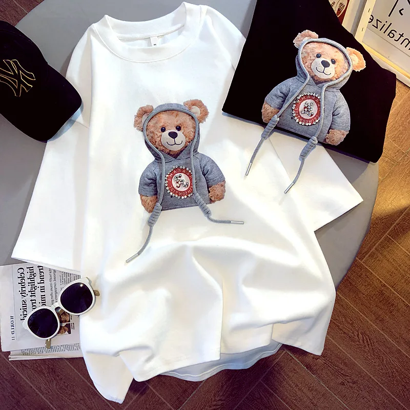 

T-shirt Female 2021 Spring, Summer and Autumn Brushed Short-sleeved Print Bear Korean Version Top Woman Tshirts