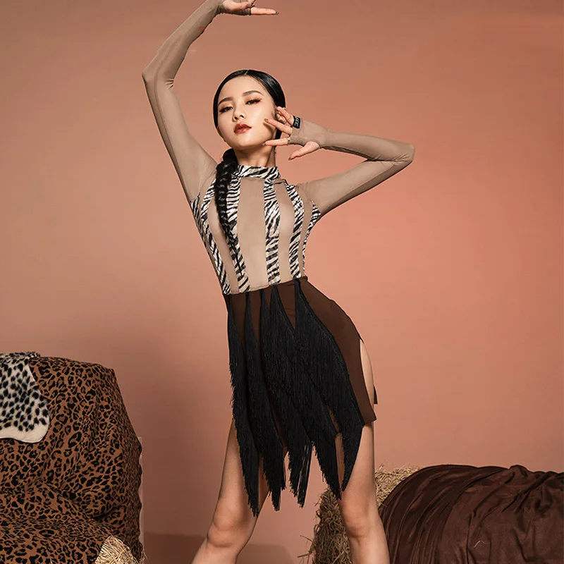 

2021 New Latin Dance Dress Long Sleeve Fringe Practice Clothing Rumba Tango Samba ChaCha Rumba Dance Competition Clothes DWY6274