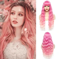 mimo pink wig with bangs long curly wavy synthetic wigs for woman pink blonde green red cosplay lolita wig party heat resistant