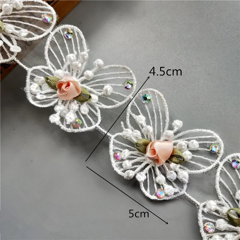 Butterfly rhinestone 1 ярд белый жемчуг с бисером цветок лист цветочный кружевной край отделка ленты ткань вышитая аппликация шитье ремесло свадебное платье одежда - Цвет: Butterfly rhinestone