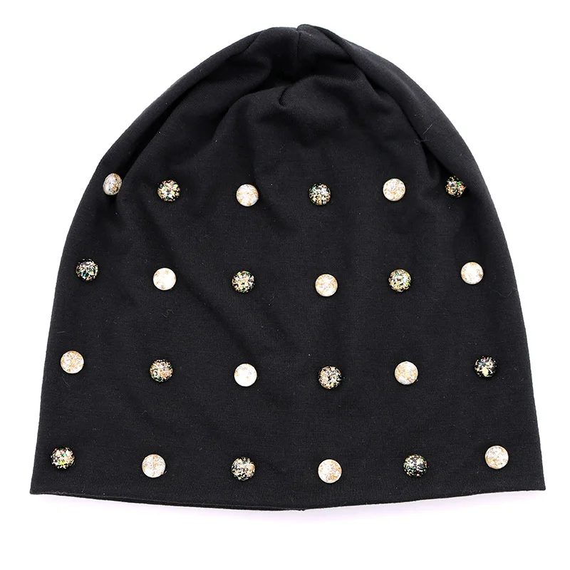 Женские хлопковые шапки с жемчужинами черные повседневные облегающие теплые для