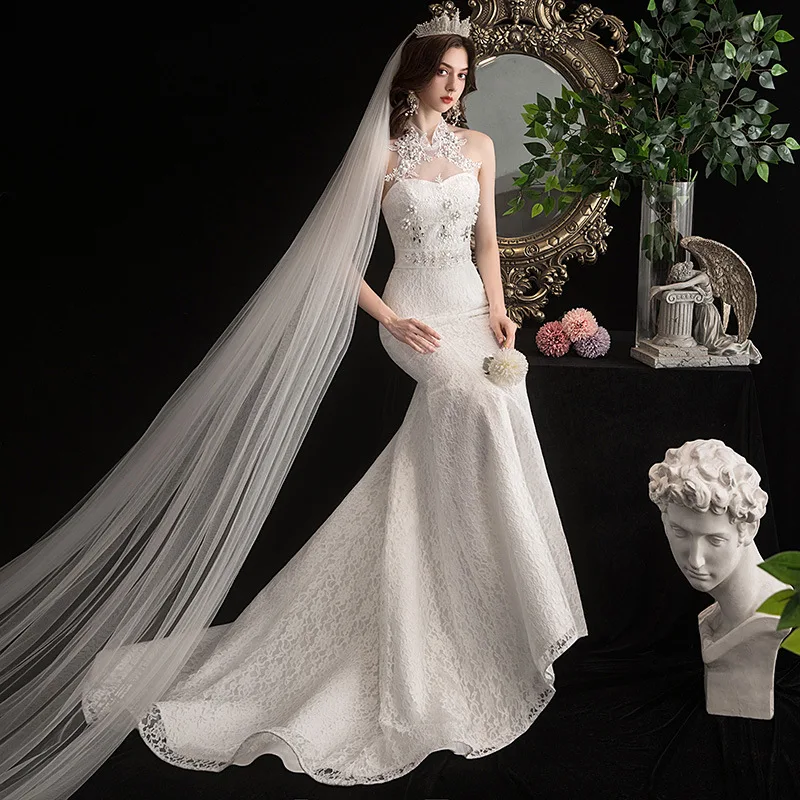 

Mermaid Wedding Dress Elegant Halter Court Train Lace Up Bride Dress Princess Luxury Lace Wedding Dresses Vestido De Noiva