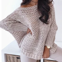 loose knitted batwing sleeve sweater elegant 2021 autumn womens crocheted slash neck bat sweater hollow top womens pullovers